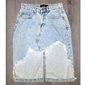 Blue Age Acid Wash Distressed Denim Asymmetrical Jean Pencil Skirt Size Large